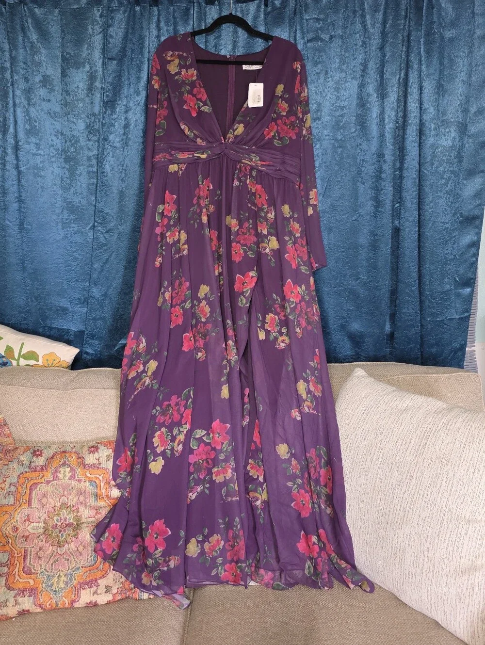 Purple Floral Maxi Dress with Knot Front - Picture 1 of 7